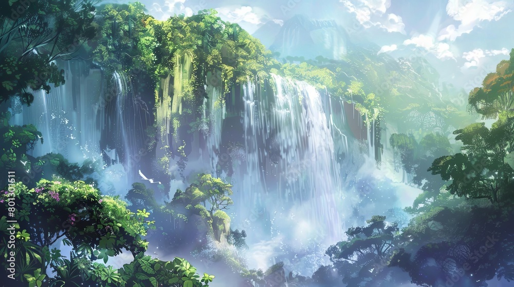 majestic waterfall cascading over lush green trees in a serene forest setting majestic waterfall cascading over lush green trees in a serene forest setting