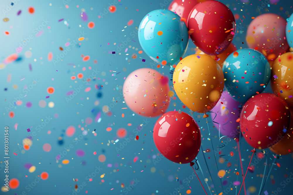 Happy birthday to you text with balloon and confetti. Birthday balloons background design. Birthday celebration greeting card design. Copy space, blue background, 3d, illustration