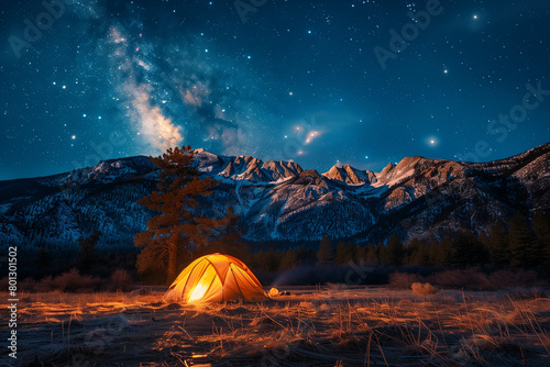 Scenic spring mountain camping with bonfire under the stars at night