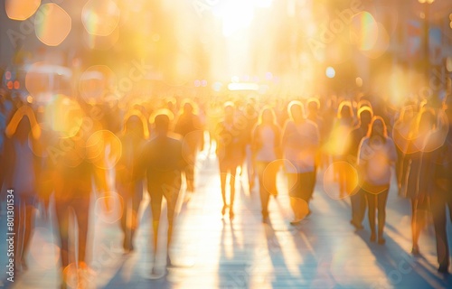 Sun glare image light blurring abstract background of a multitude of people on a sunny summer street