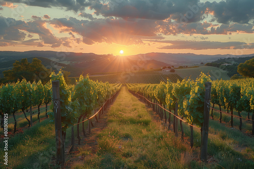 A summer vineyard field at sunset 