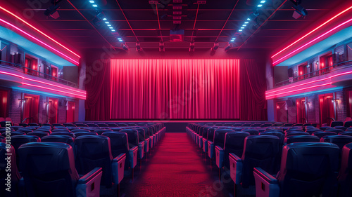Empty movie theatre and stage with the red curtains drawn viewed over rows of seats, 3d, illustration