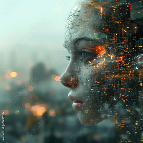 Digital Human in Cityscape. Future Technology Concept. AI Integration. Artificial Intelligence and Humanity, 3d, illustration