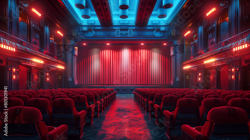 Empty movie theatre and stage with the red curtains drawn viewed over rows of seats, 3d, illustration