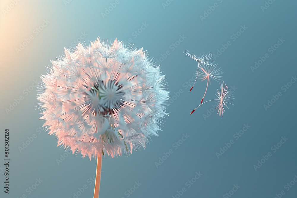 Early summer morning light accentuate a dandelions geometric seed formation on a blue background , 3d, illustration Early summer morning light accentuate a dandelions geometric seed formation on a blue background , 3d, illustration