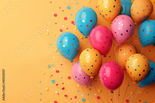 Happy birthday to you text with balloon and confetti. Birthday balloons background design. Birthday celebration greeting card design. Copy space, yellow background, 3d, illustration