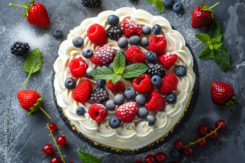 Tasty white cake with white cream and fresh berries and mint  top view