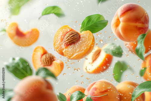 Falling juicy peaches with green leaves isolated on white background. Flying defocusing slices of peaches