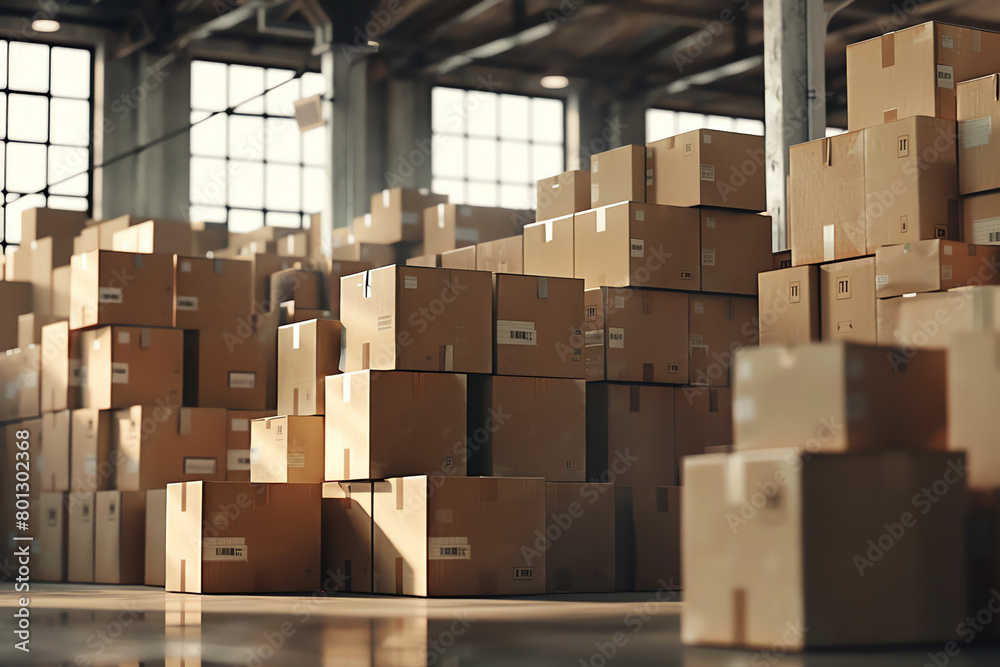 Stacks of cardboard boxes in a sunlit warehouse during the late afternoon hours Stacks of cardboard boxes in a sunlit warehouse during the late afternoon hours