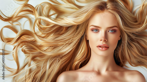 Beautiful woman with healthy and sleek long hair for hair beauty products commercial.