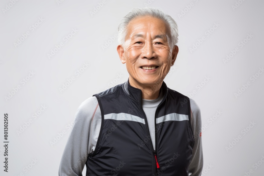 Portrait of a glad asian elderly man in his 90s wearing a lightweight running vest in white background Portrait of a glad asian elderly man in his 90s wearing a lightweight running vest in white background