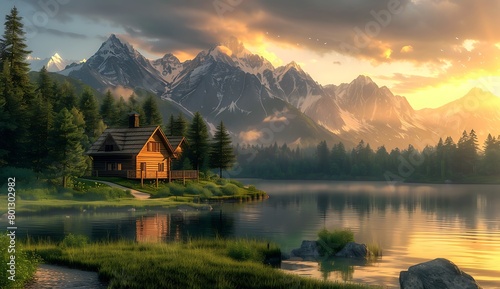  A beautiful cabin by the lake  surrounded by mountains and forests. The sun is setting behind them casting warm hues across the landscape