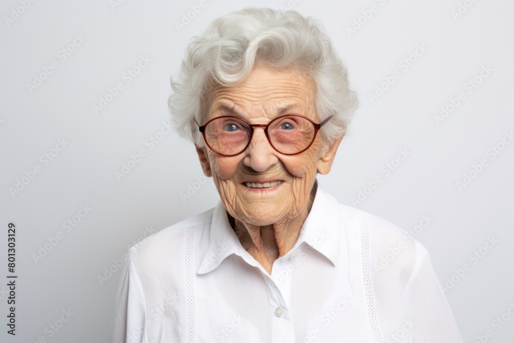 Portrait of a jovial elderly 100 year old woman wearing a classic white shirt in front of white background Portrait of a jovial elderly 100 year old woman wearing a classic white shirt in front of white background
