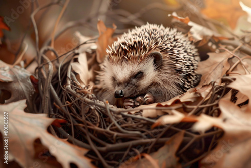 A tiny hedgehog curled up in a cozy nest of leaves