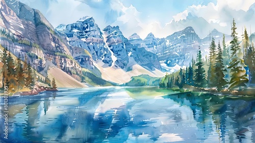mountain lake surrounded by lush green trees and a white cloud in a painting © YOGI C