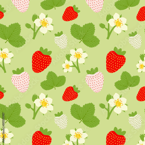 Seamless pattern with strawberries on green background. Design for print, wrapping paper, textile, fabric, wallpaper, texture. Background with ripe, unripe berries and flowers. Vector illustration