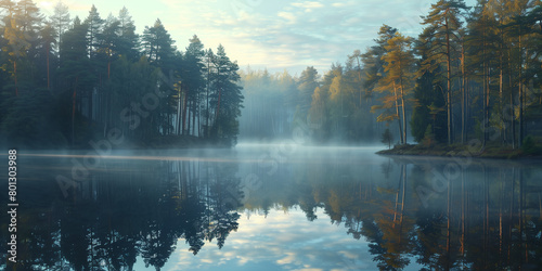 A peaceful early morning scene by a forest lake, enveloped in mist, with the serene reflection of trees mirrored perfectly in the calm waters.