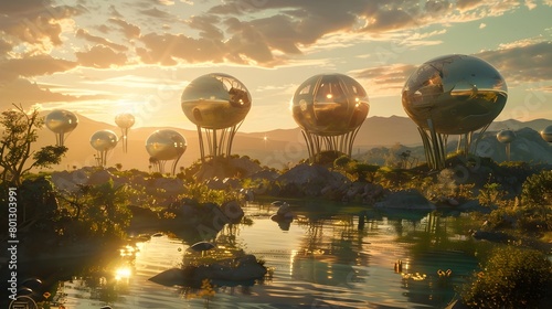 Alien Wildlife Preserve with Floating Observation Pods at Dramatic Sunset photo