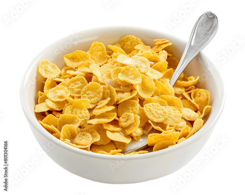 Corn flakes in bowl with milk and spoon in bow on transparent background
