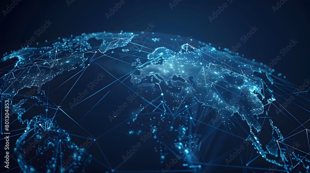 Map of the planet. World map. Global social network. Future. Vector. Blue futuristic background with planet Earth. Internet and technology. Floating blue plexus geometric background.