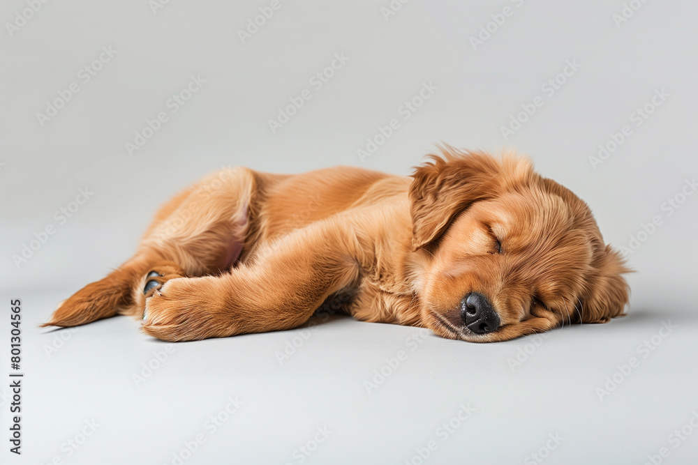 In a serene display of innocence and comfort, a golden retriever puppy sleeps peacefully, epitomizing tranquility.