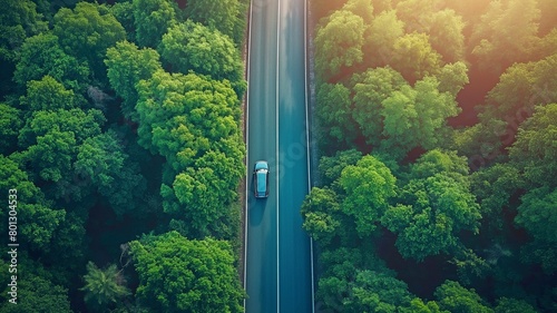 Asphalt road and verdant woodland in the distance, forest road winding through the forest, and a view of the car adventure from above © tongpatong