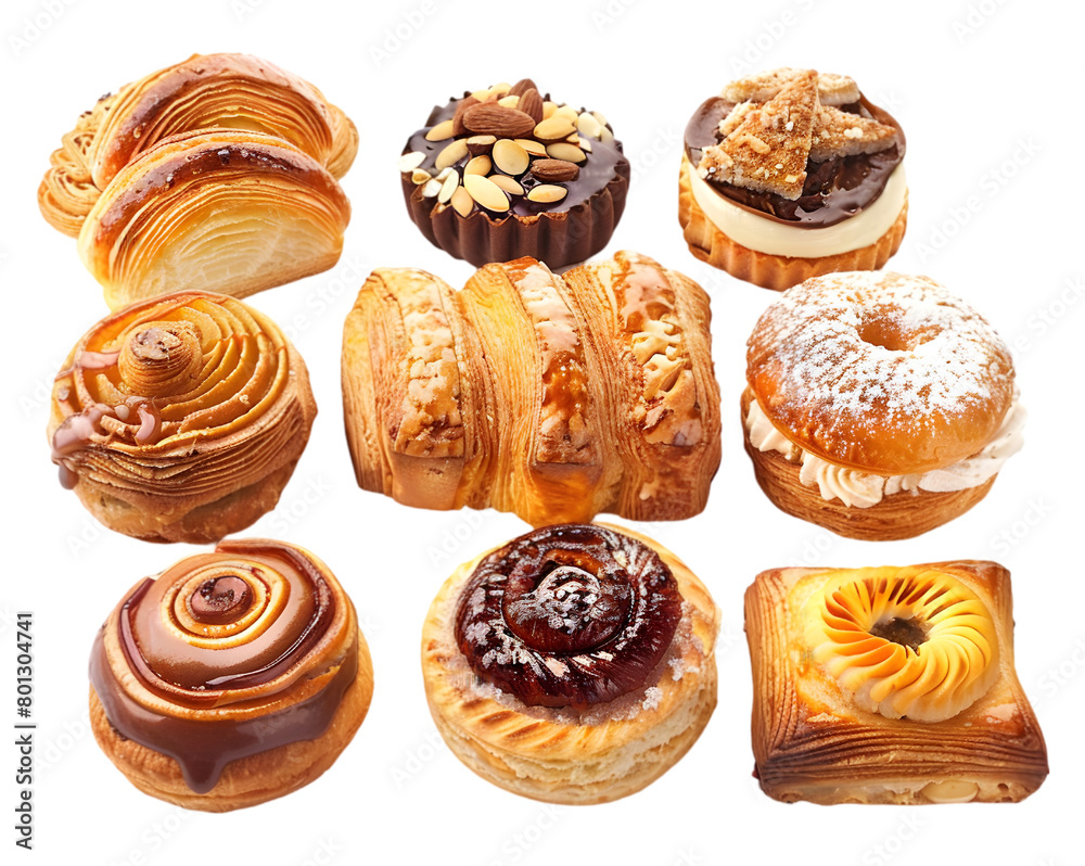 French pastery selection on transparent background