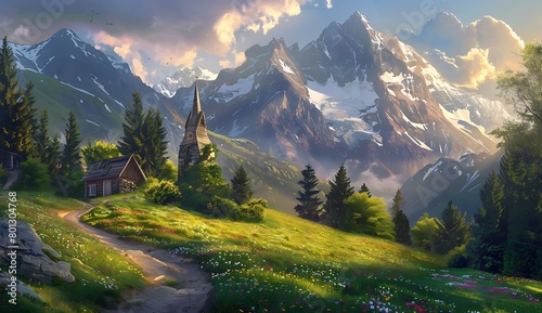 A beautiful landscape painting of the Alps with green meadows  trees and small church in front of towering snowcapped mountains. A winding path leads to an old wooden cottage surrounded by flowers.