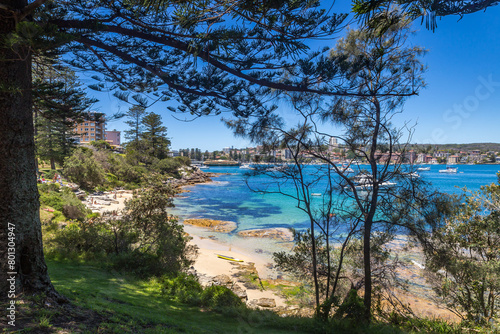 Ocean Bay with Boats in front of Suburb of Sydney seen from Manly, Sydney, Australia.