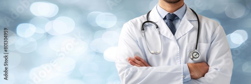 Doctor wearing stethoscope in hospital on bright white magical blurred background with copy space photo