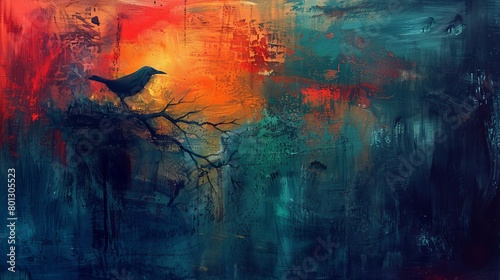 A lonely bird sits on a branch against a backdrop of an abstract colorful sky.