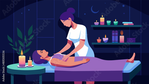 The peaceful ambiance of a dimly lit room candles flickering as a massage the uses a combination of gentle and firm pressure to alleviate pain and.