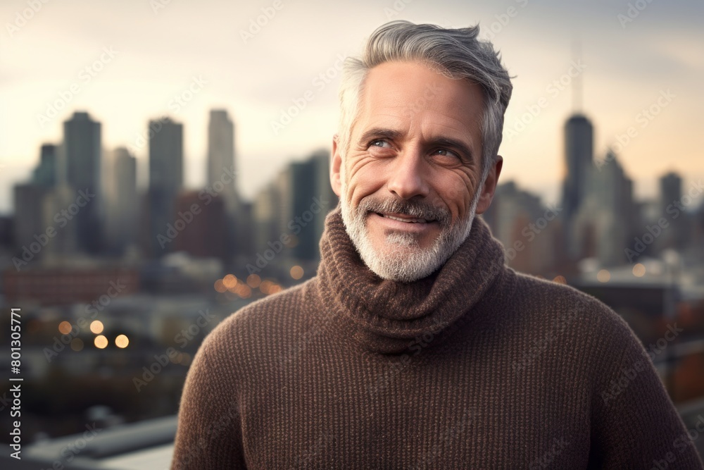 Fototapeta premium Portrait of a blissful man in his 50s dressed in a warm wool sweater over vibrant city skyline
