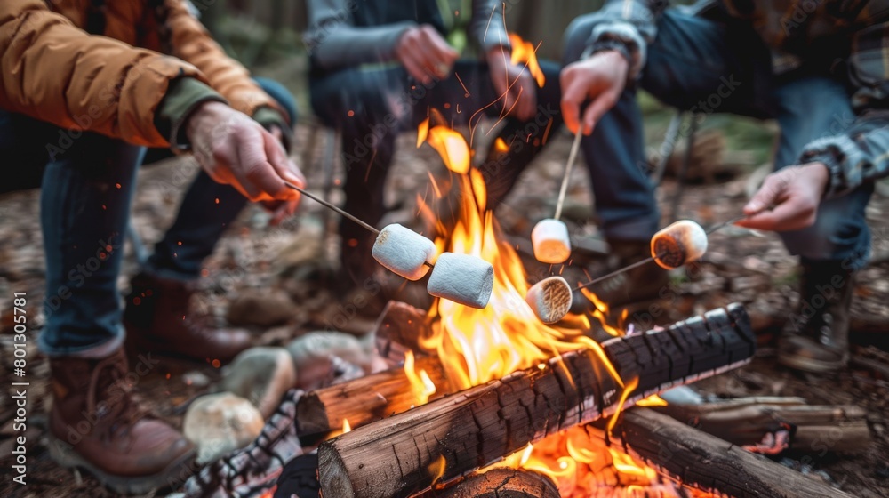 A group of friends toasting marshmallows over a campfire