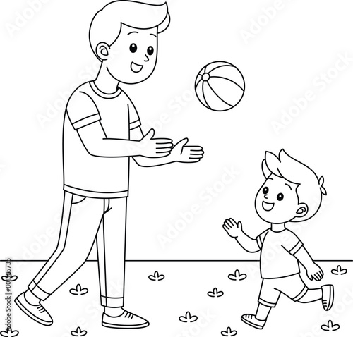 The father and son are playing soccer coloring page. Father day vector illustration