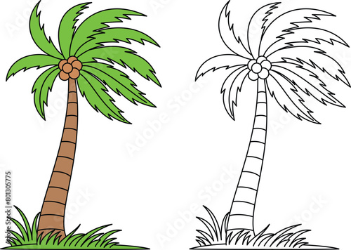 Cute palm tree cartoon coloring page vector illustration. Summer coloring page for kids
