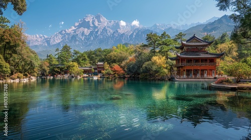 Landscape featuring Black Dragon Pool and a classical Chinese pagoda  set against the majestic Jade Dragon Snow Mountain surrounded by lush greenery.