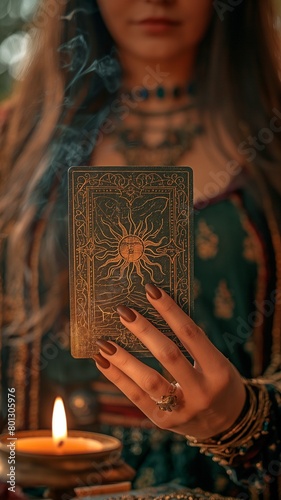 The sun card and tarot cards are held by the fortune teller. Tarot cards with candles in the flames. The idea of astrologists and predicting.
