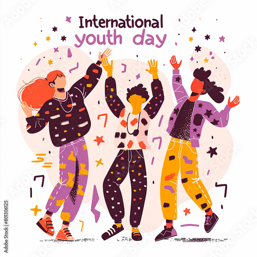 The theme of the poster is International youth day   with a flat illustration in a simple line style. It depicts three young people holding hands and waving to each other happily. 