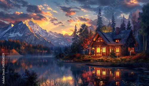  A beautiful house in the mountains with lights on inside, near water and trees. The sky is cloudy at sunset, creating an enchanting atmosphere