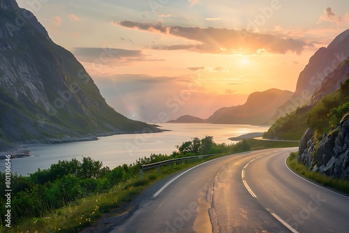A beautiful highway in Norway with the sun setting over mountains and sea