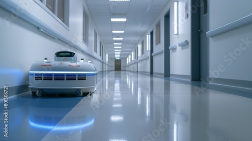 Advanced cleaning robots scrubbing and mopping hospital corridors, enhancing cleanliness and safety for staff and patients.