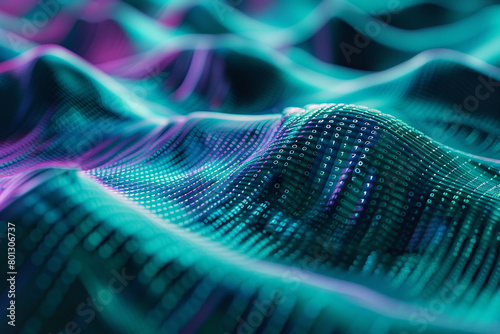 Virtual waves undulating in a rhythmic pattern, colored in cybernetic teal and purple hues.