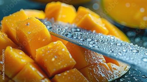A close-up of a mango cut with precision by a stainless knife. photo