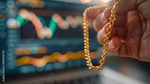 Close-up of a hand holding a gold necklace with a chart showing gold price fluctuations in the background, symbolizing the value of gold as an asset. photo