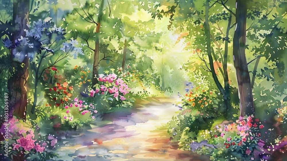 secret garden path surrounded by lush green trees and vibrant purple and pink flowers