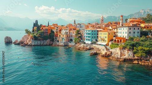 Essence of Vrbnik, a picturesque coastal town at sunrise. The image highlights vibrant architectures, serene waters, and dramatic mountain landscapes. photo