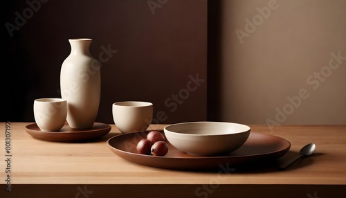 Clean Aesthetic Scandinavian style table with decorations. Zen. Spiritual. Brown  beige  wooden. 