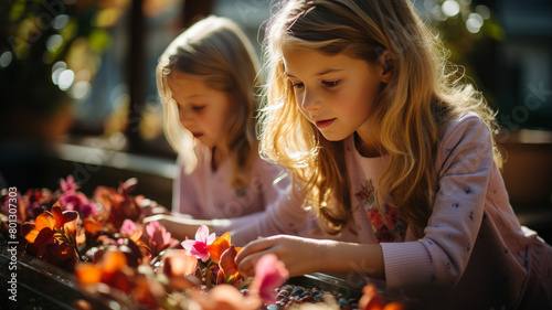 Joyful Moments: Young Children Discovering the Beauty of Spring Flowers During Easter, AI Generated