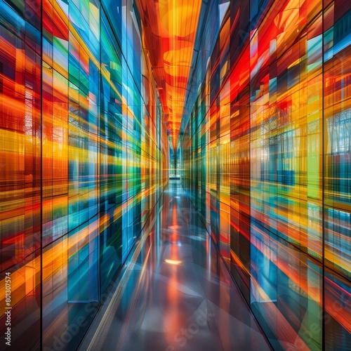 hallway with rainbow colored glass walls and reflections
